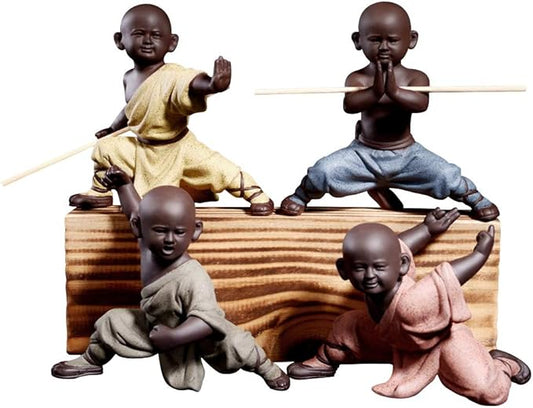 Kingzhuo Ceramic Cute Buddha Statue Adorable Monk Figurines Delicate Chinese Four Style Kung Fu Monks Set of 4 Monk Sculptures for Home Decor Tabletop Display Ornaments Decoration 4.7in in Height