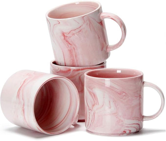 Smilatte 12 oz Stackable Coffee Mugs for Office, M101 Novelty Marble Ceramic Tea Cups for Boy Girl lover Women Men, Set of 4, Pink