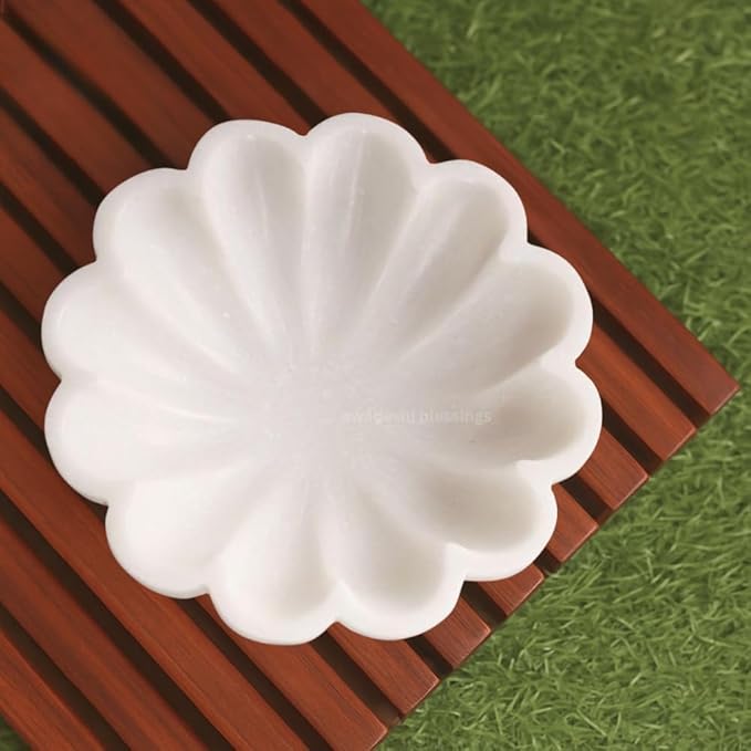 SWADESHI BLESSINGS HandCrafted Marble Decorative Bowl | White Ruffle Scalloped Fluted Key/Fruit Ring Dish | Organic Modern Home Decor (12 Inches)