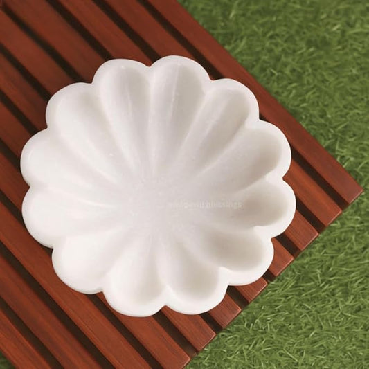 SWADESHI BLESSINGS HandCrafted Marble Decorative Bowl | White Ruffle Scalloped Fluted Key/Fruit Ring Dish | Organic Modern Home Decor (12 Inches)