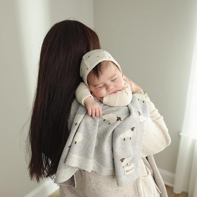 Luxury Cotton Knit Swaddle Baby Blanket - Soft Cozy Lightweight Unisex Receiving Swaddler Crib Stroller Quilt Blanket for Shower Gift Registry for Newborns Infants Toddlers (Sheep - Ivory)