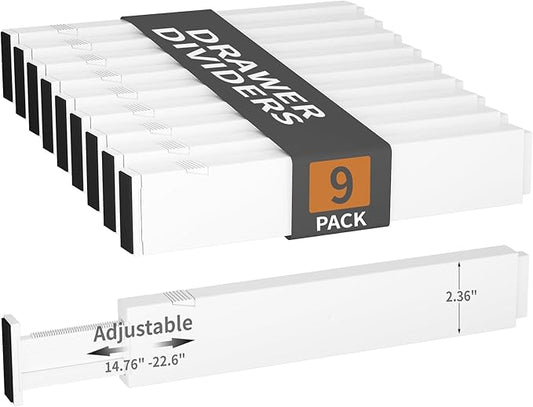 9 Pack Drawer Dividers, 2.36" High, 14.76-22.6" Adjustable Drawer Divider for Clothes, Plastic Dresser Organizer for Bedroom, Closet, Clothes, Office, Kitchen Storage