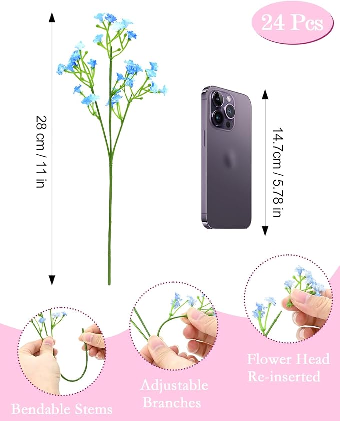 Babys Breath Artificial Flowers, 24Pcs Fake Baby Breath Flowers Artificial Bulk Faux Gypsophila Real Touch Flowers for Outdoors Wedding DIY Bouquet Arrangement Party Home Garden Decor, Blue