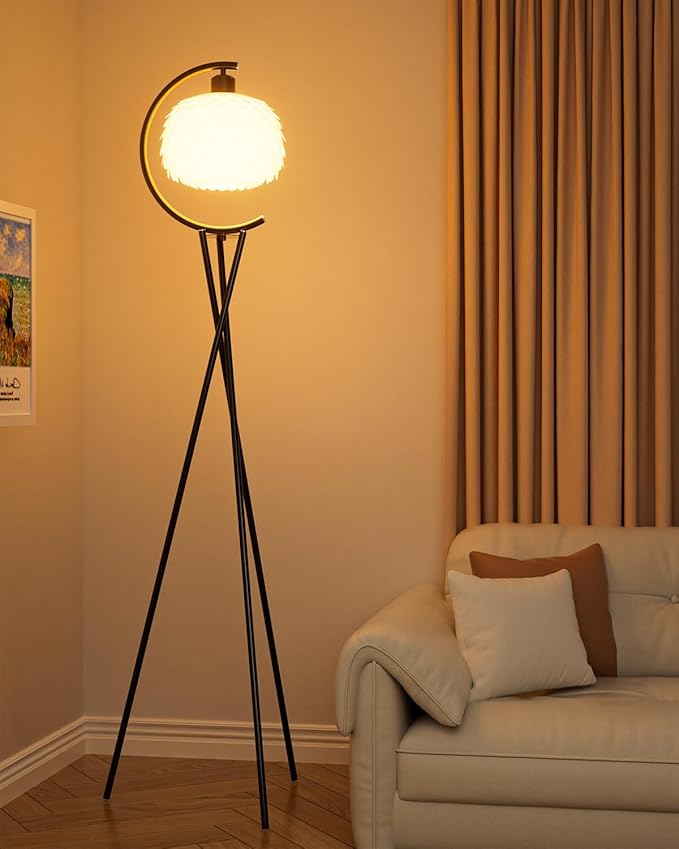 Modern Floor Lamp with Arc Imitation Feather Lampshade, Black Metal Standing Lamp with Bulb Included, Vintage Tall Reading Light for Living Room, Bedroom,Home Office