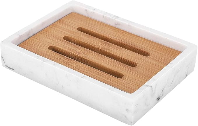 Luxspire Soap Dish Tray, Resin Soap Dish, Bamboo Soap Bar Holder Box for Shower Kitchen Sink, Double Layer Draining Soap Container Box, Wood Case, Bathroom Marble Pattern Tray