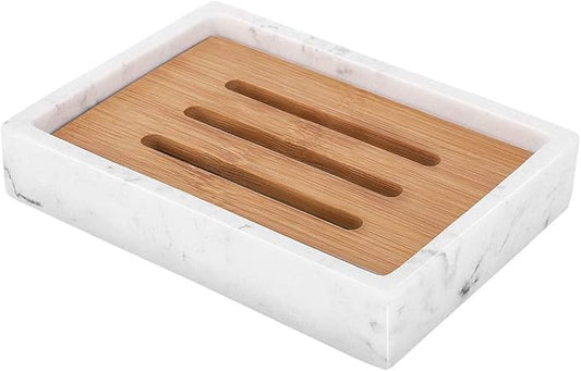 Luxspire Soap Dish Tray, Resin Soap Dish, Bamboo Soap Bar Holder Box for Shower Kitchen Sink, Double Layer Draining Soap Container Box, Wood Case, Bathroom Marble Pattern Tray