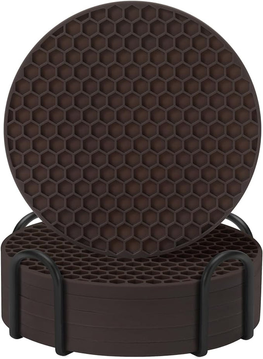 Coasters Set of 6 with Holder,Coasters for Drinks,Coffee Table Decor Coaster,Suitable for Kinds Cups,Anti-Slip,Non-Stick,Silicone Cup Coaster and Living Room Decor (6 Pcs, Coffee)