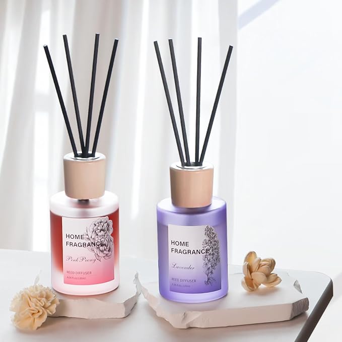 Reed Diffuser - Lavender&Pink Peony 4.06oz (120ml) 2 Packs Essential Oil Reed Diffuser Set with 16 Sticks, Long Lasting Fragrance for Home, Bathroom, Bedroom, Room, Decor