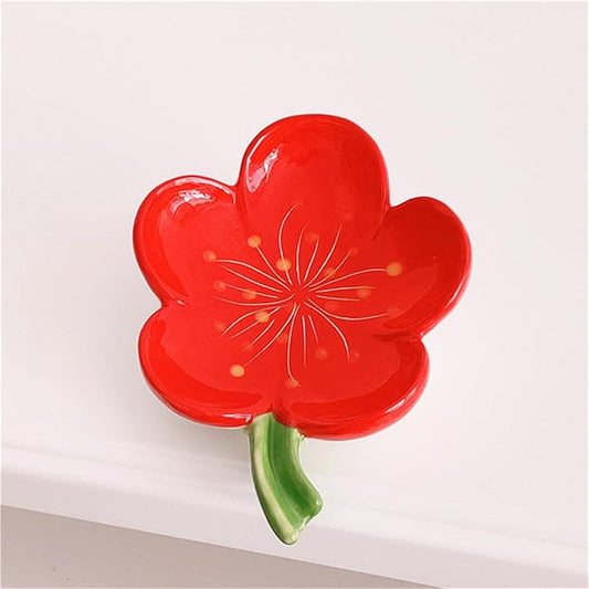 Ankah Decorative Ceramic Soap Box, Flower Shape Soap Dish, Self-Draining to Keep Dry Stop Mushy Soap Holder, Easy Cleaning, Best for Shower Bathroom and Kitchen (Peach Blossom, Red)