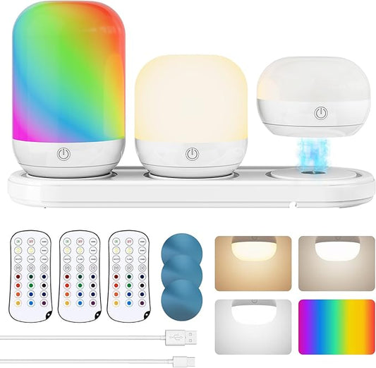 SUNMORY Rechargeable Night Light, Table Lamp for Bedroom, Dimmable Bedside Lamp with Magnetic Charging Station, Small Nightstand Lamp, LED Night Lights with 12 RGB Colors, Timer & Remote Control