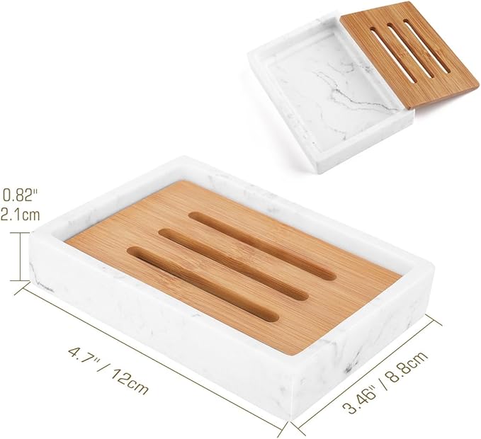 Luxspire Soap Dish Tray, Resin Soap Dish, Bamboo Soap Bar Holder Box for Shower Kitchen Sink, Double Layer Draining Soap Container Box, Wood Case, Bathroom Marble Pattern Tray
