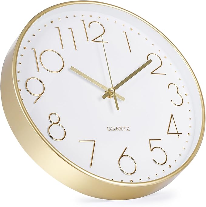 Wall Clock 12 Inch Non-Ticking Silent Modern Simple Style Round Decor Clock Gold Stereoscopic Dial Quartz Wall Clocks for Home/Office/School/Living Room/Bedroom/Kitchen
