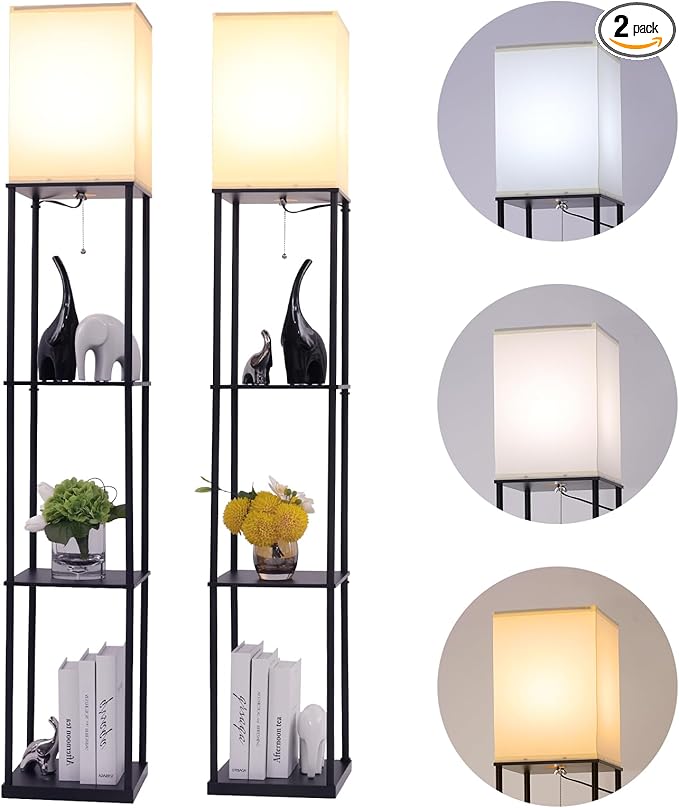 Floor Lamp with Shelves, Modern Square Standing Lamp with 3 Color Temperature Bulb, Corner Display Bookshelf Lamp for Living Room, Bedroom and Office (Black-2 Pack)