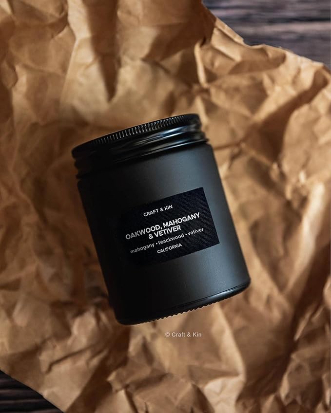 Craft & Kin Premium Oakwood, Mahogany & Vetiver Candle | Black Spring Scented Candles for Men | Long Lasting with 45 Hour Burn Time, 7.6oz | Made with Soy | Aromatherapy at Home | Gifts for Men