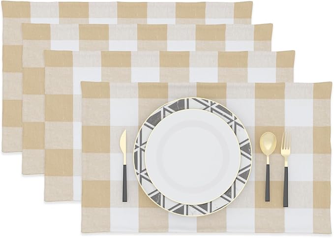Beige & White 2 Side Cotton Buffalo Check Farmhouse Placemats Set of 4 Heat Resistant Dining Table Place Mats for Kitchen Table, 12 x 18 inches