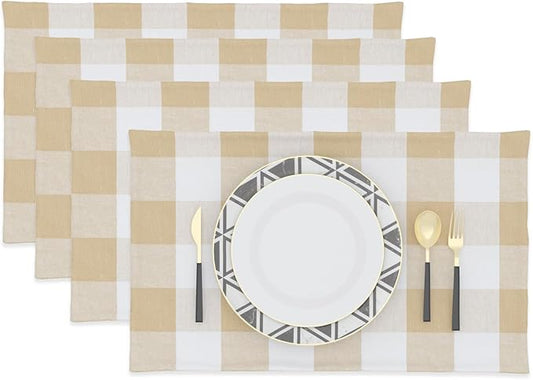 Beige & White 2 Side Cotton Buffalo Check Farmhouse Placemats Set of 4 Heat Resistant Dining Table Place Mats for Kitchen Table, 12 x 18 inches