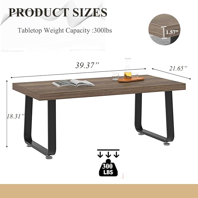 HSH Farmhouse Modern Simple Oak Center Table - Industrial Minimalist Rectangle Living Room Coffee Table, Wood and Metal, Rustic Oak, 39 in