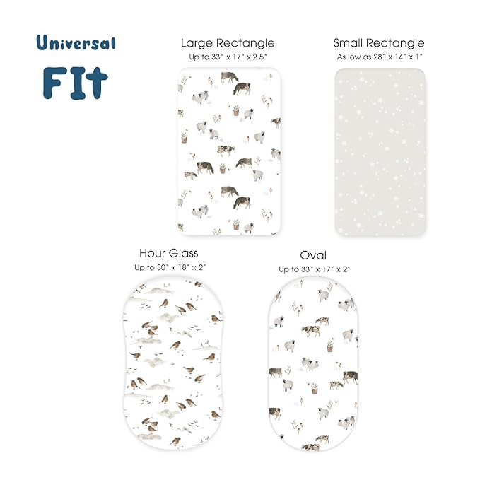 Stretchy Ultra Soft Fitted Bassinet Sheet Set 3 Pack, Universal Fit for Bassinets Baby Cradle Moses Basket Oval Rectangle Mattress Safe and Snug, Cute Watercolor Cows and Birds Print