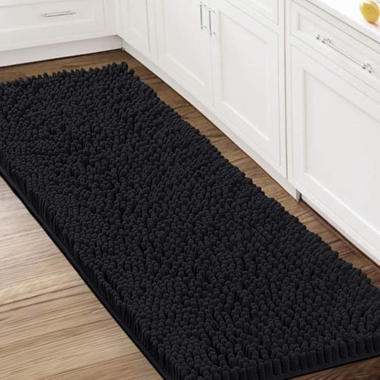H.VERSAILTEX Bathroom Rugs Bath Mat Bath Rugs Bath Mats for Bathroom Non Slip Extra Thick Buncy Soft Chenille Bath Rug Fulffy Shag, Indoor Rug Runner Carpet for Living Room (Black, Large 59" x 20")