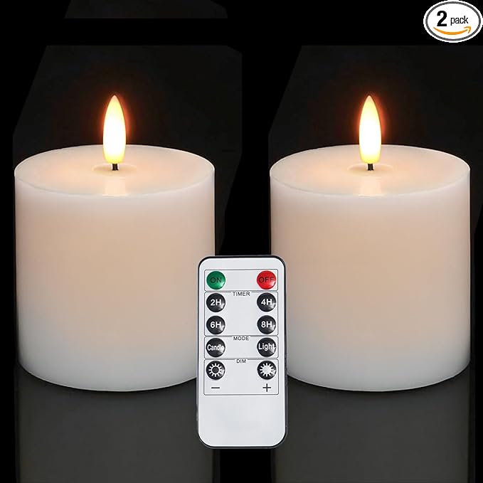 Homemory White Flameless Candles Battery Operated with Remote Timer, 3x3 Real Wax LED Pillar Candle for Home Fireplace Bedroom Living Room Party, Set of 2