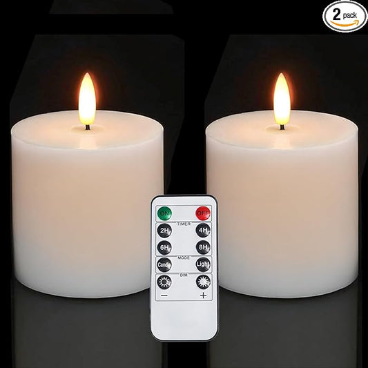 Homemory White Flameless Candles Battery Operated with Remote Timer, 3x3 Real Wax LED Pillar Candle for Home Fireplace Bedroom Living Room Party, Set of 2