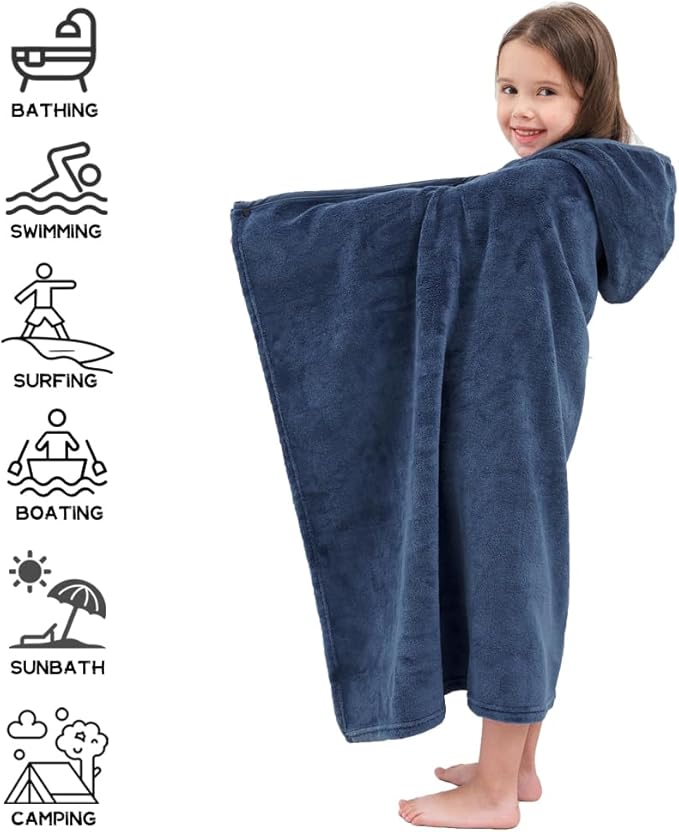 Hiturbo 2Pcs Kids Fleece Hooded Towel: Soft Plush Warm Blanket - 50"x30" Pool Beach Bath Swim Towel Wrap for 3-12 Yrs (Navy)