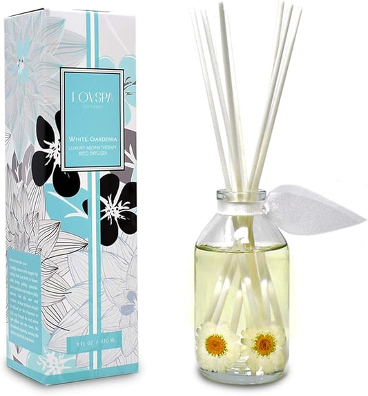 LOVSPA White Gardenia Scented Reed Diffuser Set - Floral Reed Diffusers for Home - Non-Toxic Oil Reed Diffuser - Made in The USA