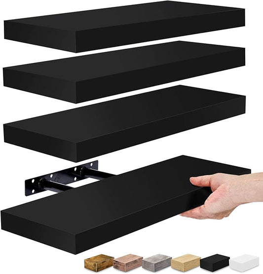 Sorbus Floating Shelves for Wall, Bathroom Shelves Wall Mounted for Kitchen, Bedroom, Living Room, Bathroom Storage, Over Toilet, Hanging Book Shelf for Wall Home Decor (4 Pack), Black