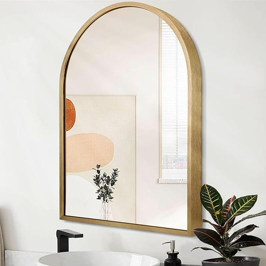 Wall Mirror Arched Bathroom Mirrors, Aluminum Alloy Frame Hanging Vanity Mirror for Living Room Bedroom Entryway Vanity, Brushed Metal Framed Wall Mounted Mirror Gold 16"x12"