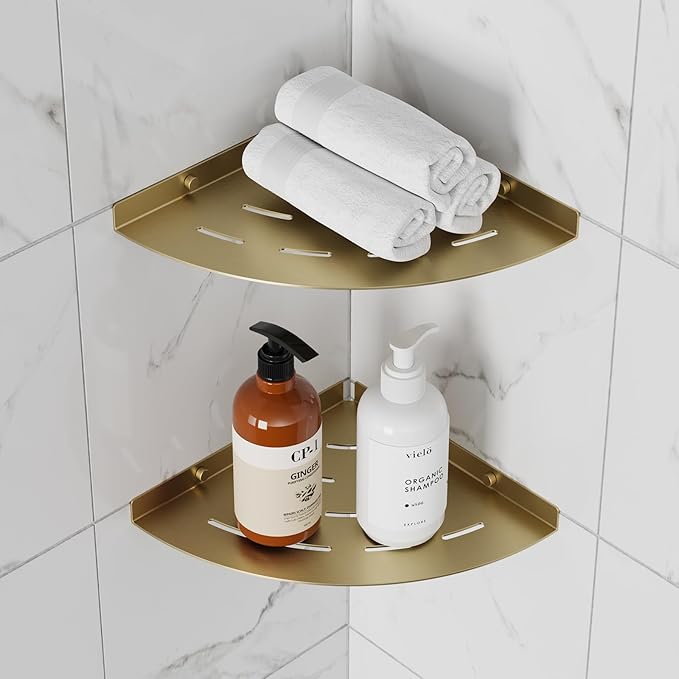 2 Pack Corner Shower Shelves 304 Stainless Steel Brushed Gold Corner Shower Shelf Quick Drainage 8 in Drilling Installation