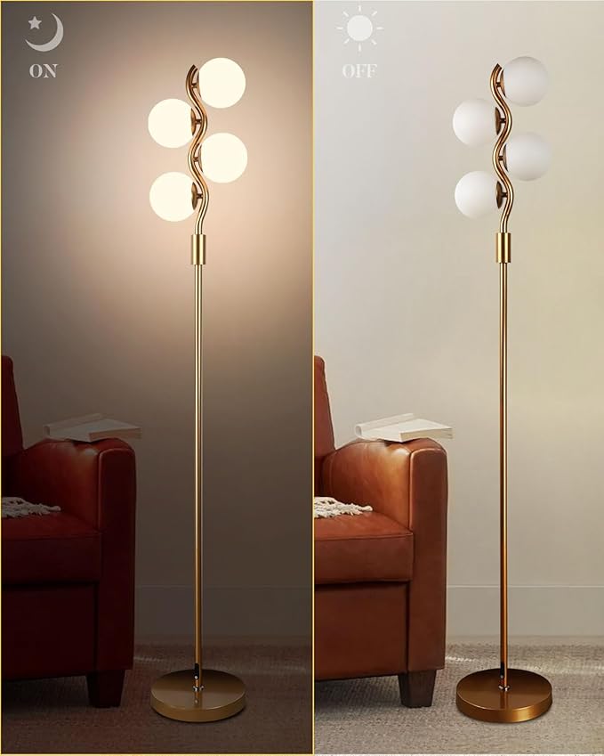 60IN Dimmable (Brightness Adjustable) Gold Floor Lamp, Modern Standing Lamps with 4 Globe Soft Warm White 3000K Bulbs, Mid Century Floor Lamp for Living Room Bedroom Home Decor