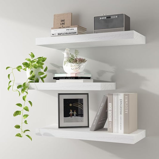 Floating Shelves Wall Shelf Solid Wood Mounted Storage for Bedroom Living Room Set of 3, White Wall Shelves