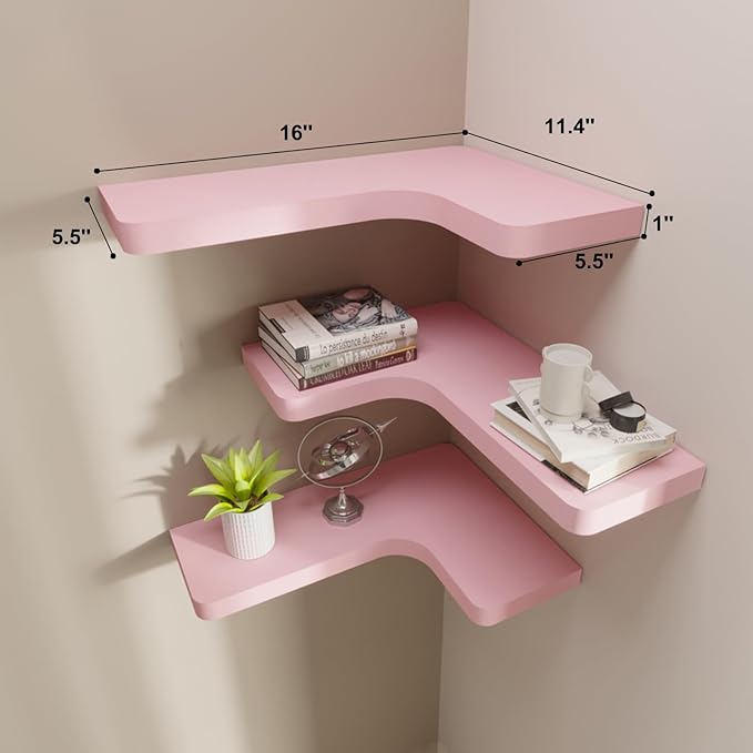 SAUMONIERES Corner Floating Shelves Wall Mount Shelf Solid Wood for Bedroom Bathroom Room Kitchen Storage Set of 3, Pink, Invisible Brackets