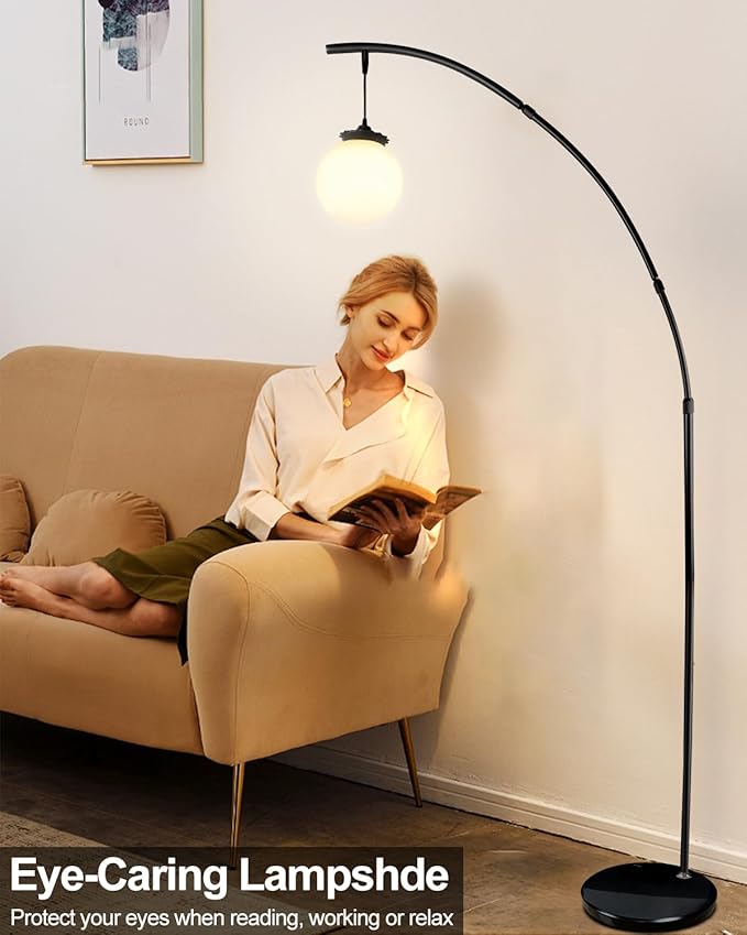 Lightdot Black Arc Floor Lamp for Living Room, 76Inch Tall Standing Lamp with Marble Base and Globe Bulbs Included, 3000K Warmwhite Modern Mid Century Floor Lamp for Bedroom & Home Office