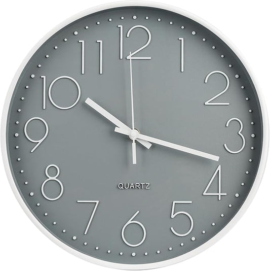 Wall Clock 12 Inch Non-Ticking Silent Modern Simple Style Round Decor Clock Gray Stereoscopic Dial Quartz Wall Clocks for Home/Office/School/Living Room/Bedroom/Kitchen