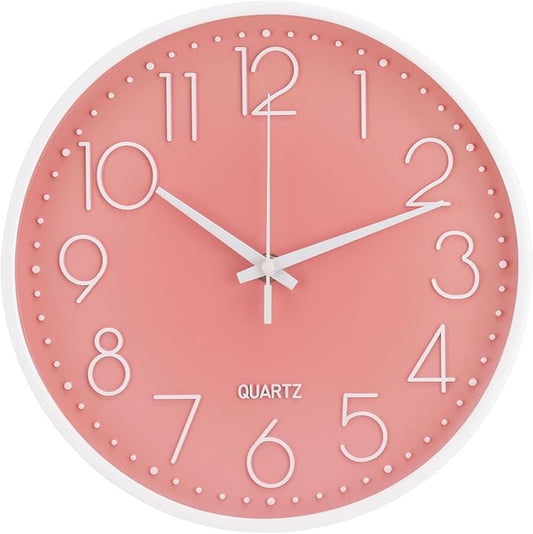 Wall Clock 10 Inch Non-Ticking Silent Modern Simple Style Round Decor Clock Peach Pink Stereoscopic Dial Quartz Wall Clocks for Home/Office/School/Living Room/Bedroom/Kitchen