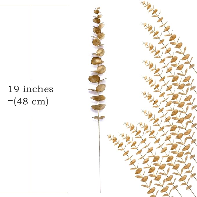 CATTREE Artificial Gold Eucalyptus, Faux Plastic Golden Plants 19" Tall 10 Pcs, Wreath Decorations Fake Shrubs for Wedding Hotel Hall Party Indoor Home Table Centerpieces DIY Decor Planting Filler