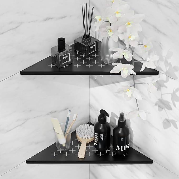 Shower Corner Shelf 10" Slot Design Shower Shelves for Tiled Wall, 304 Stainless Steel Recessed Organizer Corner Shelves for Bathroom Decor, Matte Black, 2 Pack (Cross)