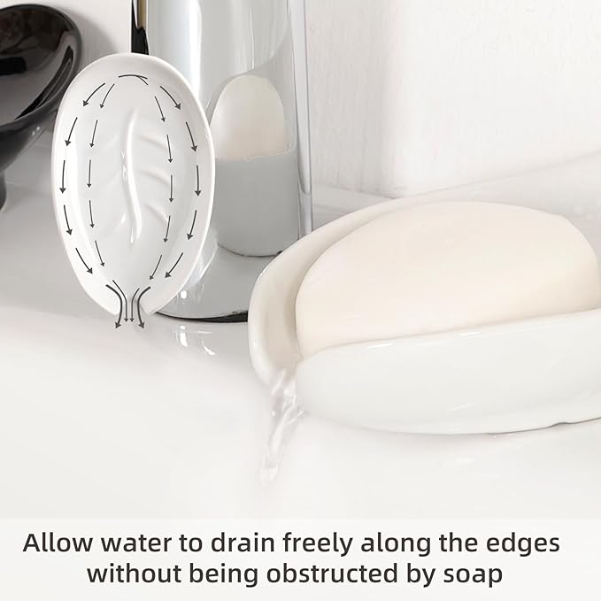 Soap Holder, Self Draining Soap Dish, Leaf Shape Ceramic Bar Soap Holder Drain Soap Dishes for Bathroom Sink Kitchen, Easy to Clean Keeps Soap Dry, White, ANTIS'S HOME