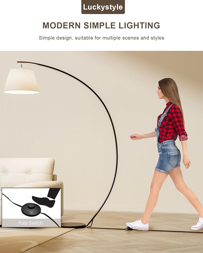 luckystyle Arc Floor Lamps for Living Room,1200LM Super Bright 69 Inch Extra Tall Floor Lamp with 12W E26 LED Bulb,Adjustable Hanging Lamp for Bedroom with Foot Switch Black