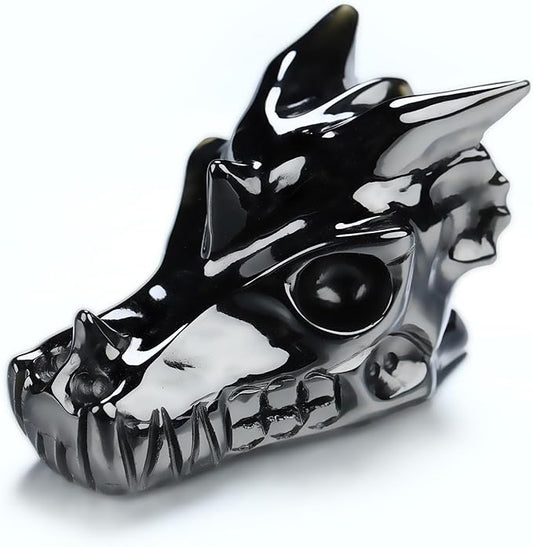 Skullis 2.0" Black Obsidian Hand Carved Crystal Dragon Skull Sculpture, Crystal Healing.1511