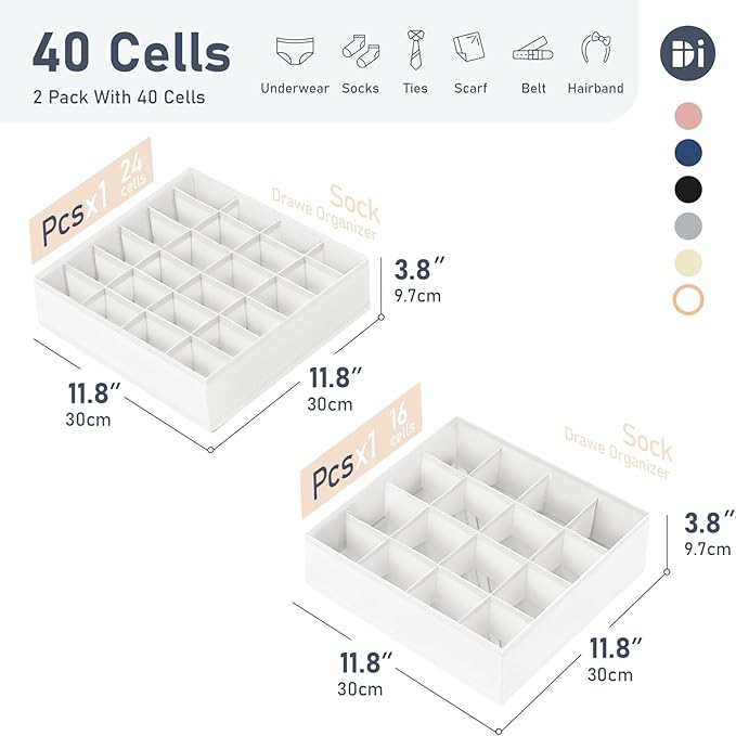 Joyoldelf Sock Drawer Organizer Divider 2 Packs Underwear Organizer, 24 Cell + 16 Cell Closet Organizers and Storage Sock Holders Organizers for Storing Socks, Handkerchiefs, Ties, Belts (White)