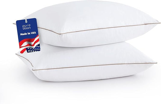 puredown Goose Feathers Down Pillows - Made in USA Soft Medium Support Hotel Pillow, 100% Cotton Cover, Luxury Bed Pillows King Size Set of 2 Pack Feather Pillows