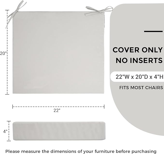 Patio Cushion Covers with Ties, 2 Pack, Outdoor Water Resistant Deep Seat Chair Cushion Slipcover 22x20x4 Inch for Garden Couch Sofa (Replacement Cover Only)-Beige