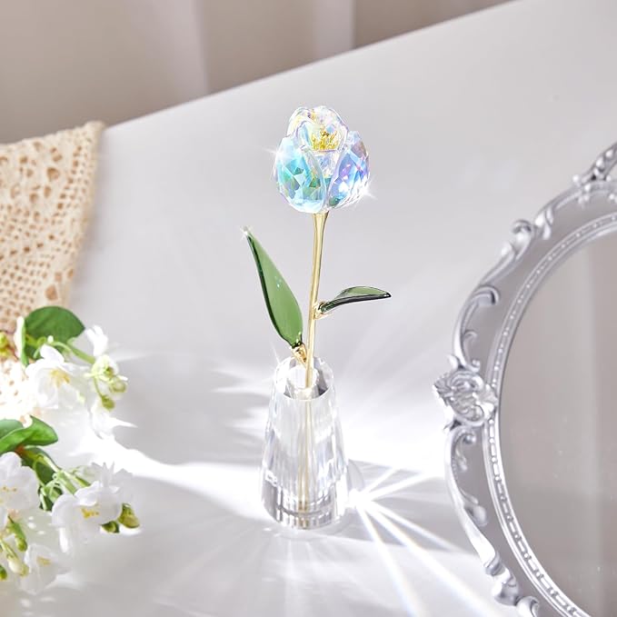 Crystal Tulip Flowers Figurine Collectible- Glass Flowers with Vase,Glass Flower Bouquet Paperweight,Gift for Anniversary Wedding Centerpiece Ornament（Colorful）