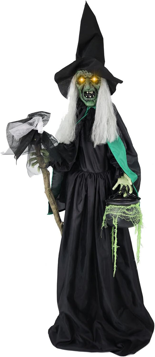 Haunted Hill Farm Lifesize Scary Talking Witch Prop with Cauldron and Broom with Touch Activated Lights and Sound, Battery-Operated Indoor or Covered Outdoor Halloween Decoration