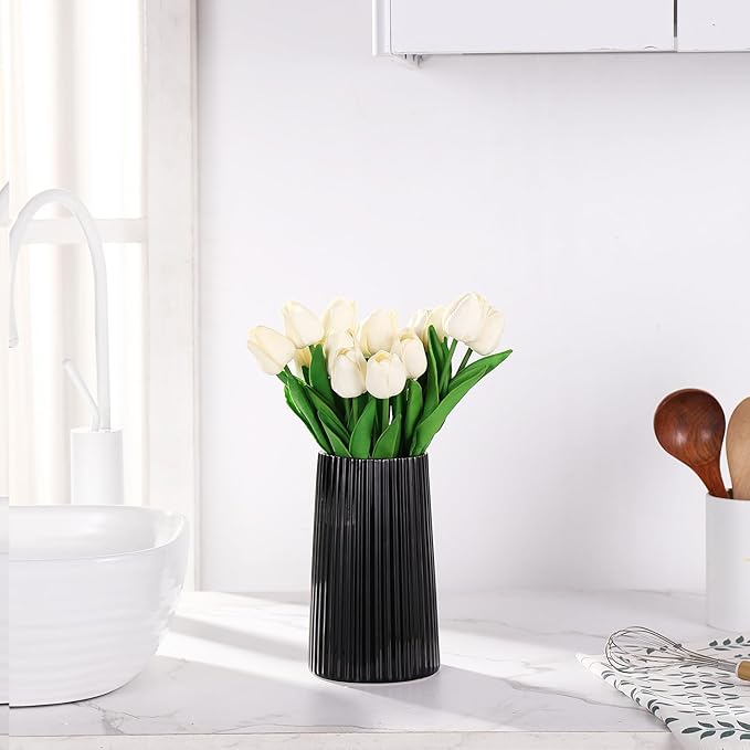 Black Ceramic Vase for Flowers, Large Modern Black Vase for Home Decor, Decorative Vase for Living Room, Office, Mantel, Shelf, Dining Table, 8 inches