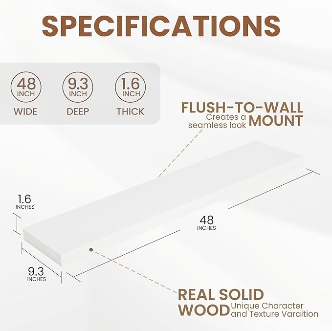 Fun Memories White Floating Shelves 48 InchLong, 9 Inch Deep Floating Shelves, Solid Wood Shelves for Home Decor, Deep Storage & Display Shelves for Living Room, Bathroom, Kitchen, Set of 1