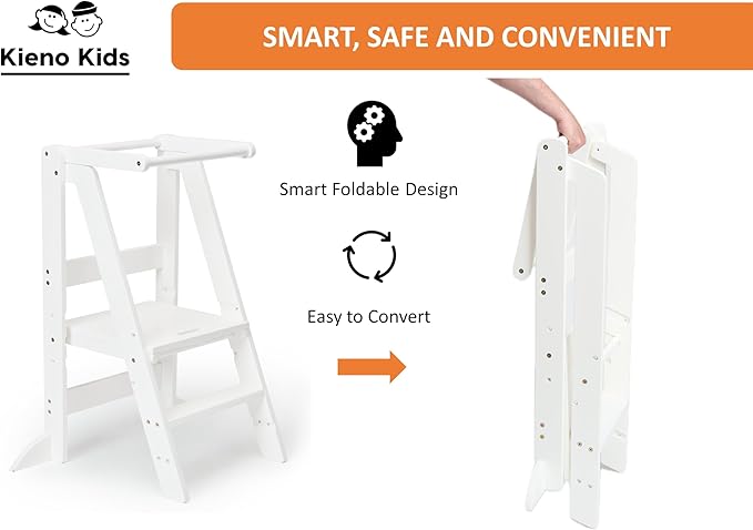 Foldable Kitchen Stool for Kids - Foldable Toddler Tower, Kitchen Stool for Toddlers, Toddler Standing Tower, Toddler Tower, Kids Stool (White)