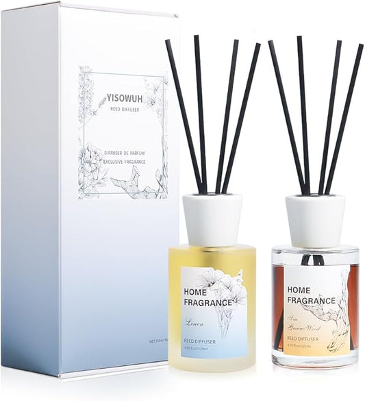 Reed Diffuser - Linen&Sea Guaiac Wood 4.06oz (120ml) 2 Packs Essential Oil Reed Diffuser Set with 16 Sticks, Long Lasting Fragrance for Home, Bathroom, Bedroom, Room, Decor
